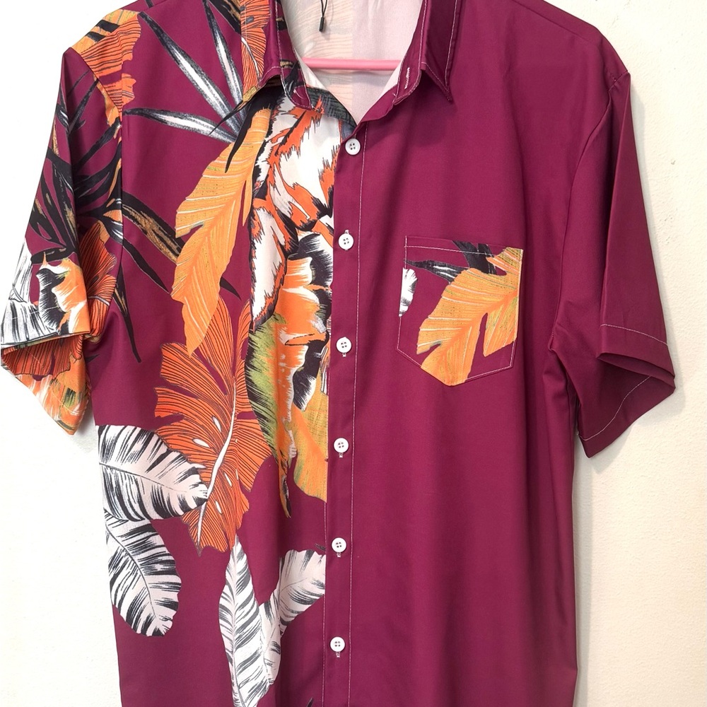 Men’s Lars Amadeus Large Maroon Orange Hawaiian Shirt NWOT